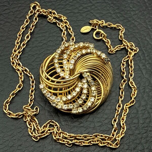 Vtg Avon Necklace Crystal Atomic Spiral Gold Tone Pendant 25" Chain